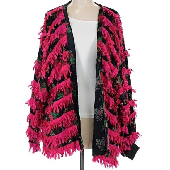 Vtg Paula Sweet 1980 Muslin Mink Cardigan fuschia silk fringe rose print velvet - Picture 1 of 8